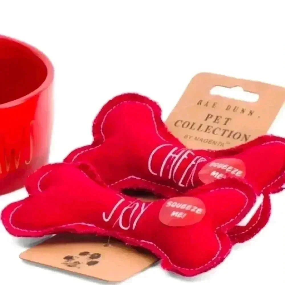 NEW 4 Pc SET - DECK THE PAWS - Rae Dunn Pet Bowl, Bandana, & 2 squeaky Bone Toys
